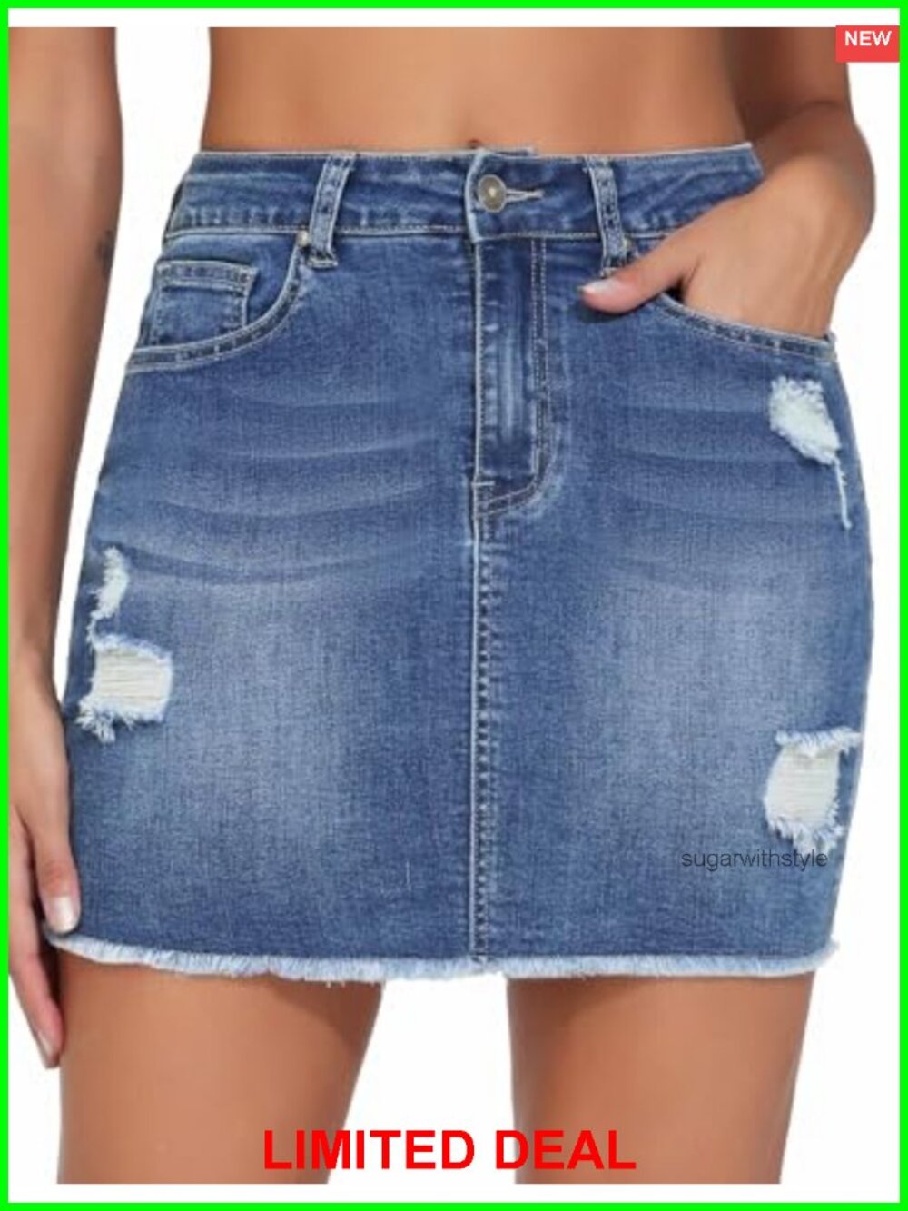 Stretchy Ripped Frayed Hem Denim Mini Skirt with Pockets